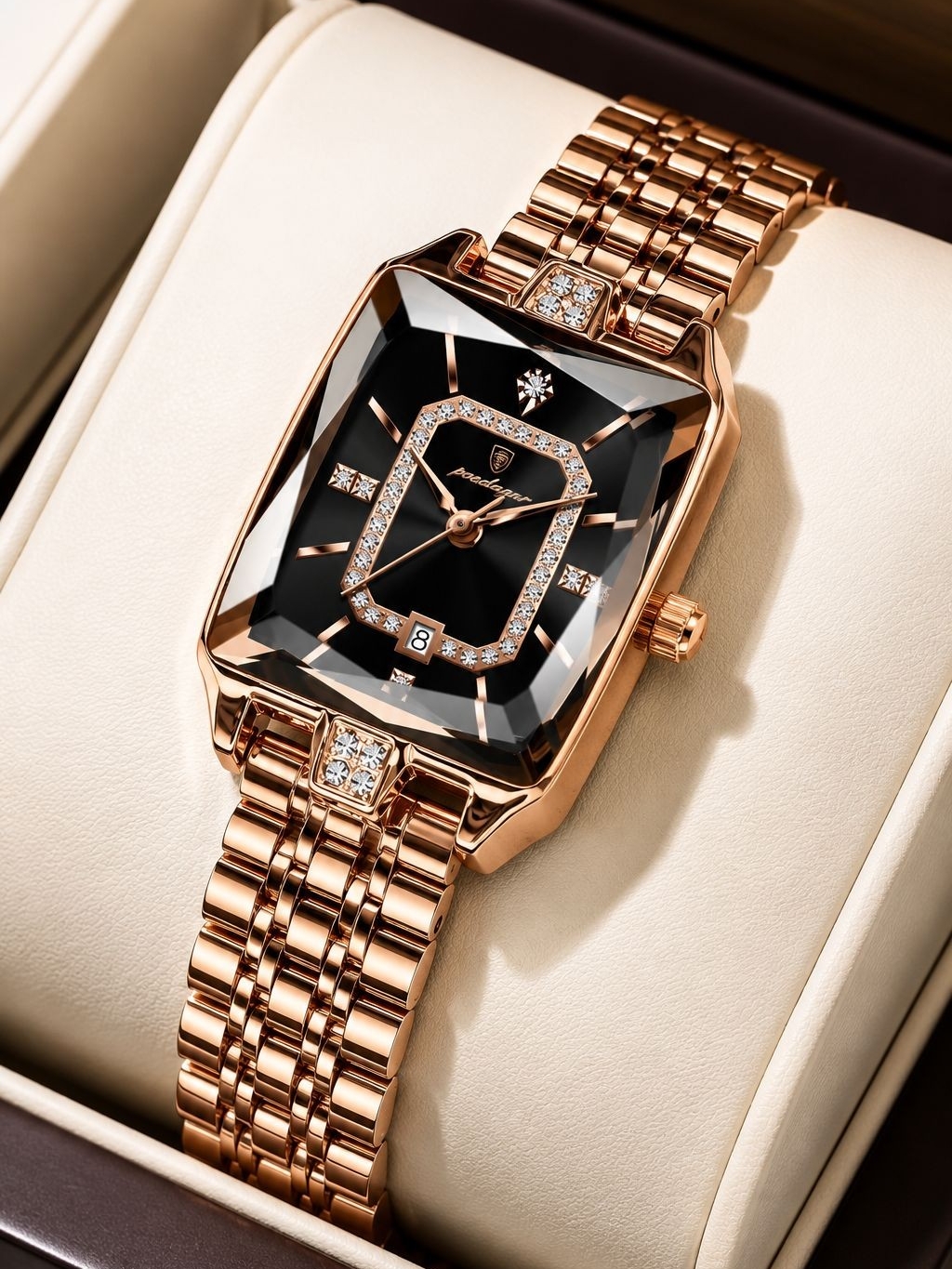 Rose Gold Bracelet Watch With Black Dial And Crystal Accents